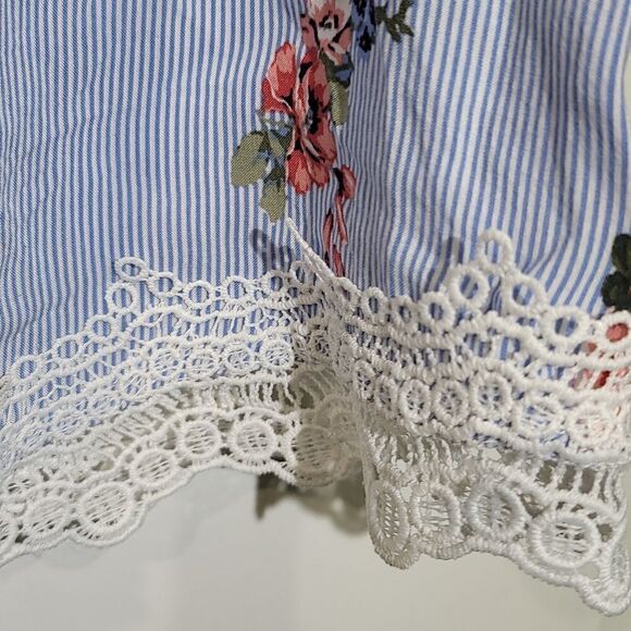 𝅺no Boundaries Off Shoulder Blue & White Striped and Floral Blouse - Picture 3 of 5